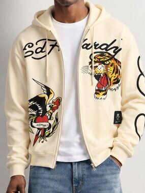 NWT Ed Hardy Men Ivory Graphic Zip-Up Hoodie with Tiger & Eagle SIZE L